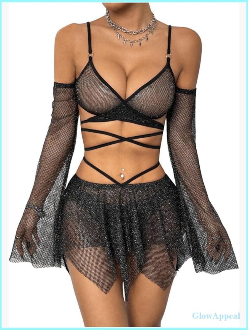 2 Piece Mesh Sheer Crop Top and Asymmetrical Mini Skirt Set